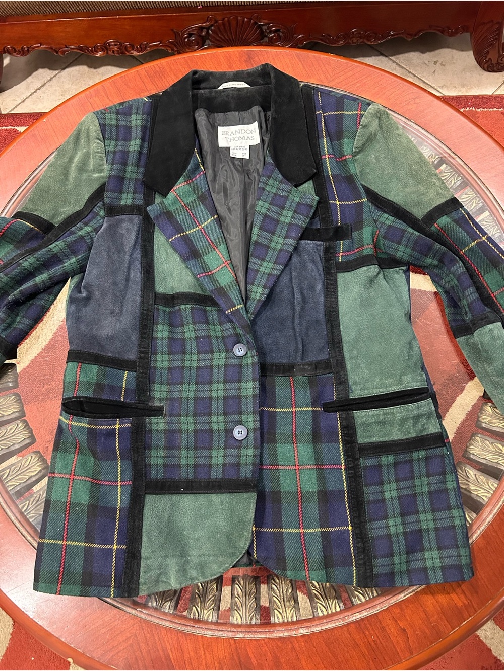 Brandon Thomas Green and Black Plaid Patchwork Blazer